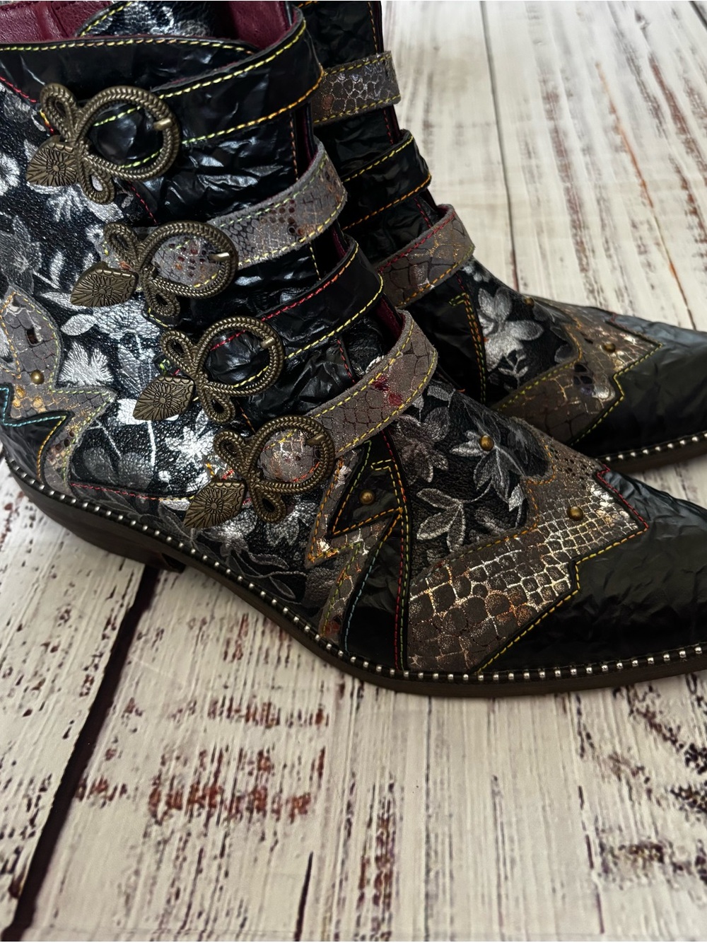 L'ATISTE Black Floral Embroidered Ankle Boots